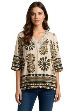 LOMON Botique Women's Size S Bohemian 3/4 Sleeve Top